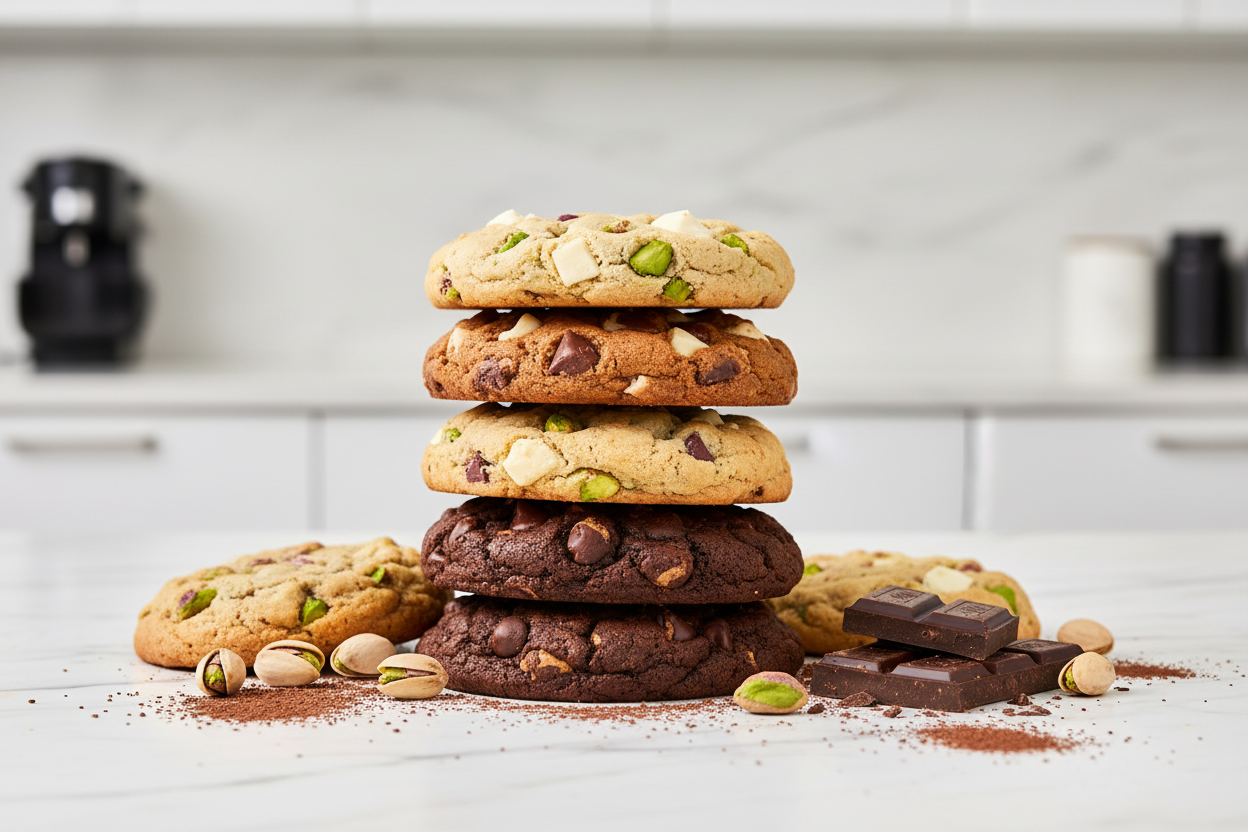 All 4 Flavours Cookie Stack with Pistachios & Callebaut Chocolate